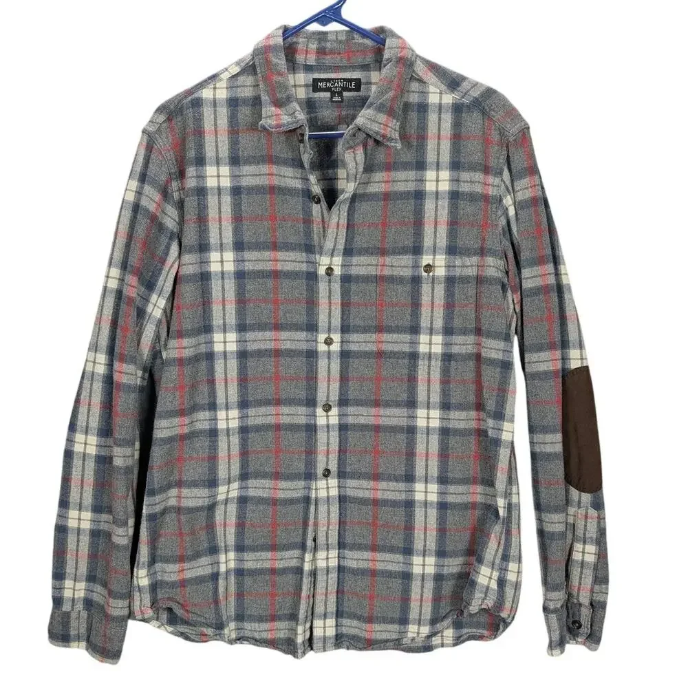 J.Crew Mercantile Flex Shirt Mens Large Gray Blue Plaid Flannel Elbow Patches